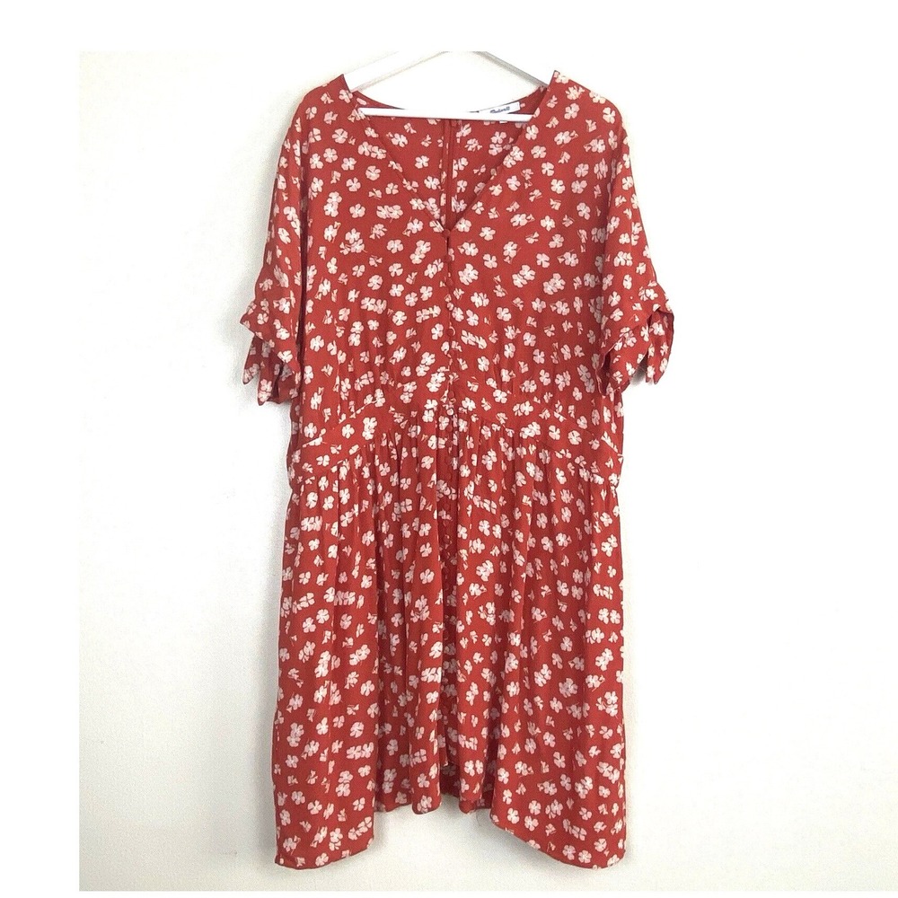 Madewell Womens Red Boho Floral Babydoll Dress Plus Size 22 Tie Sleeve Prairie - Picture 2 of 11